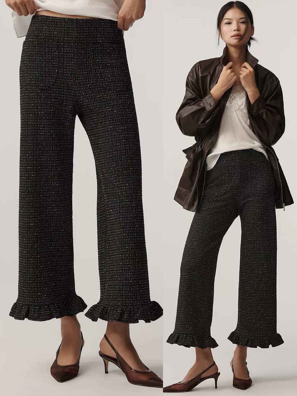 Anthropologie Maeve The Collette Black Tweed Sparkle Ruffle Hem NWT Pants Sz 31